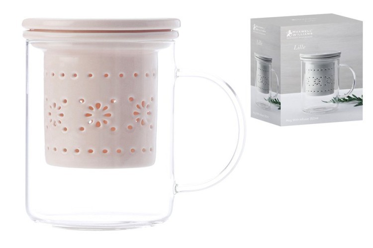 Кружка стекл с ситечком и крышкой из фарфора Лилия (розовая) в подарочной упаковке - MW542-EJ0006 Maxwell & Williams