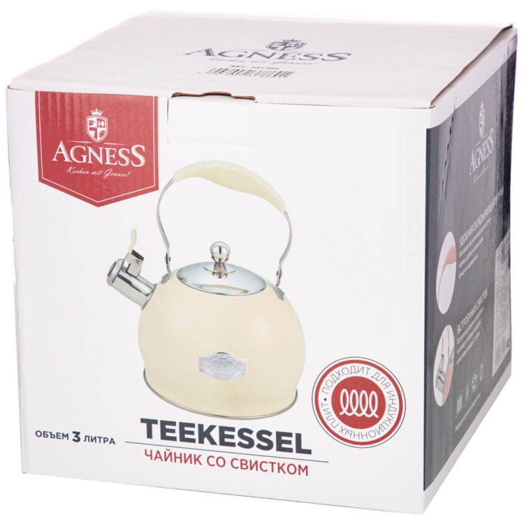 Чайник agness со свистком, 3л c индукцион. капсульным дном и складывающейся ручкой цвет: кремовый Agness (937-861)