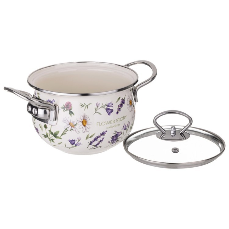 Кастрюля agness эмалированная со стеклянной крышкой серия "flower story", 2,0 л диа. 18см Agness (943-096)