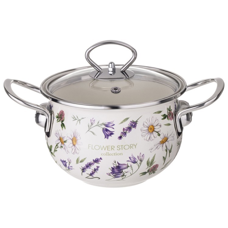 Кастрюля agness эмалированная со стеклянной крышкой серия "flower story", 1,5 л диа. 16см Agness (943-095)