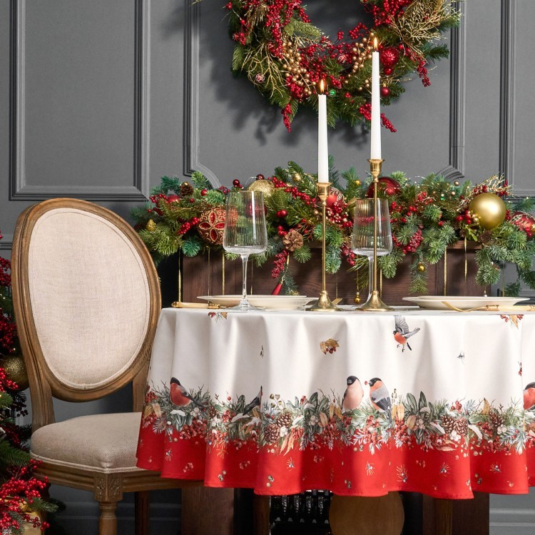 Скатерть круглая "морозко . снегири"150см ,красный, 100% хлопок ,твил с пропиткой Lefard (850-745-23)