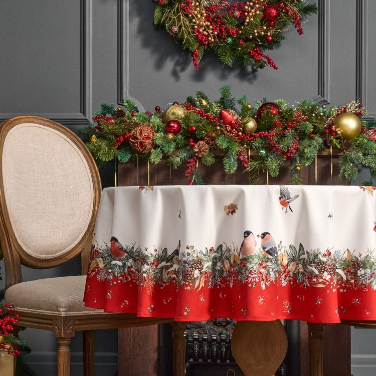 Скатерть круглая "морозко . снегири"150см ,красный, 100% хлопок ,твил с пропиткой Lefard (850-745-23)