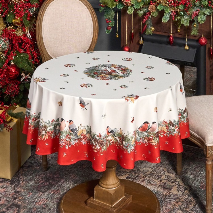 Скатерть круглая "морозко . снегири"150см ,красный, 100% хлопок ,твил с пропиткой Lefard (850-745-23)