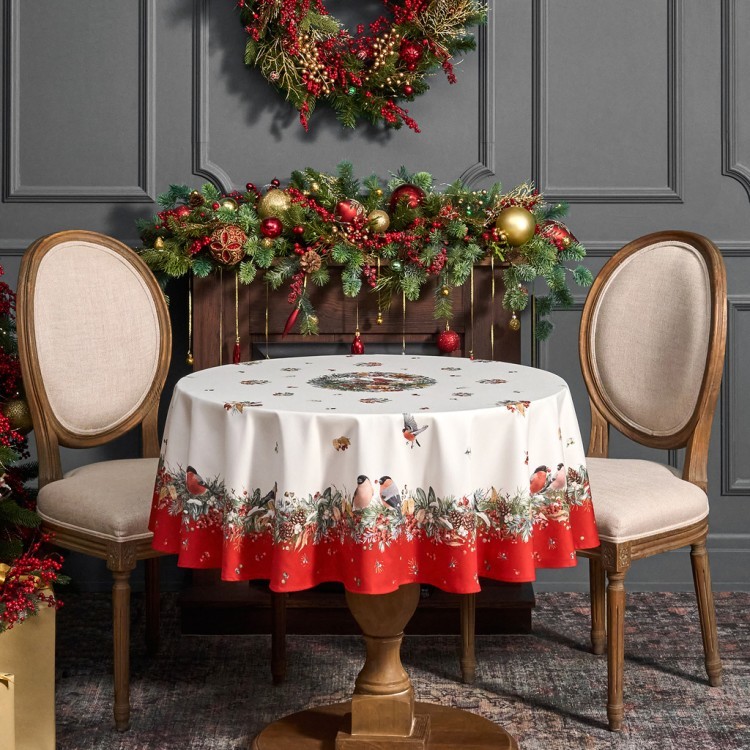 Скатерть круглая "морозко . снегири"150см ,красный, 100% хлопок ,твил с пропиткой Lefard (850-745-23)