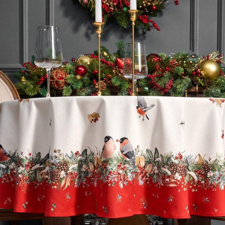 Скатерть круглая "морозко . снегири"150см ,красный, 100% хлопок ,твил с пропиткой Lefard (850-745-23)