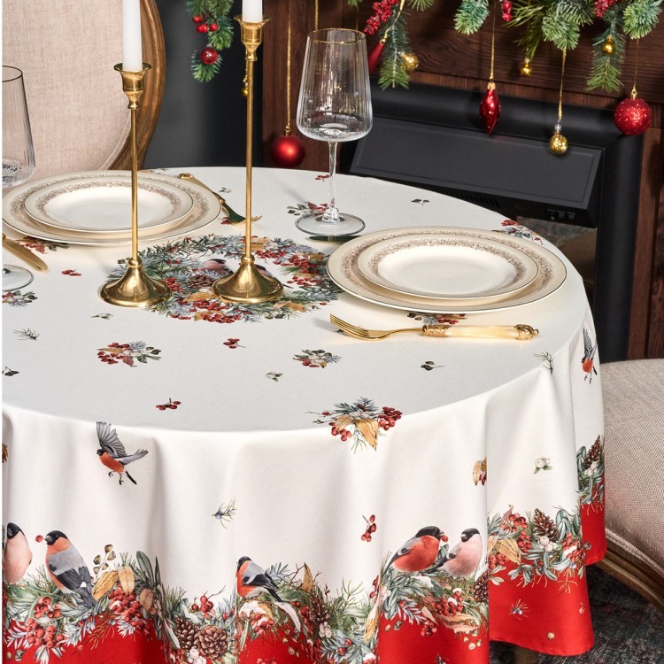 Скатерть круглая "морозко . снегири"150см ,красный, 100% хлопок ,твил с пропиткой Lefard (850-745-23)