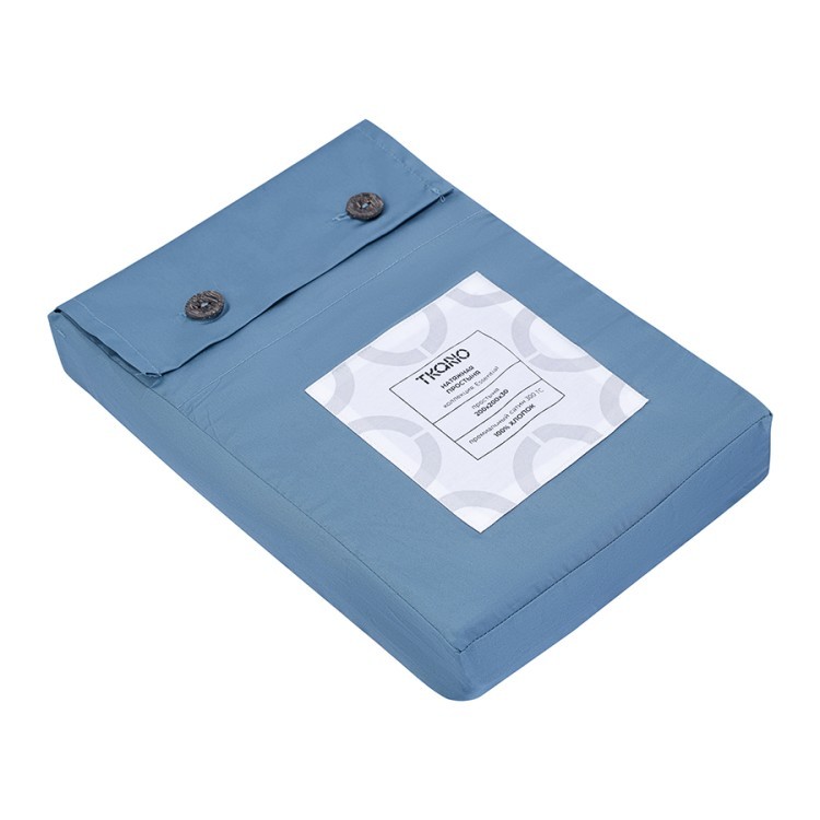 Простыня на резинке из премиального сатина джинсово-синего цвета из коллекции essential, 200х200х30 (79845)