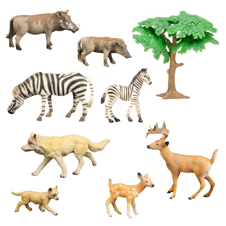 Набор фигурок животных серии "Мир диких животных": 2 зебры, 2 бородавочника, 2 оленя, 2 волка (набор из 9 предметов) (MM211-264)