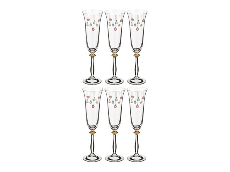 Набор бокалов для шампанского из 6 шт."елочные игрушки" 190 мл. высота=25 см. (кор=1набор.) Bohemia Crystal (674-475)