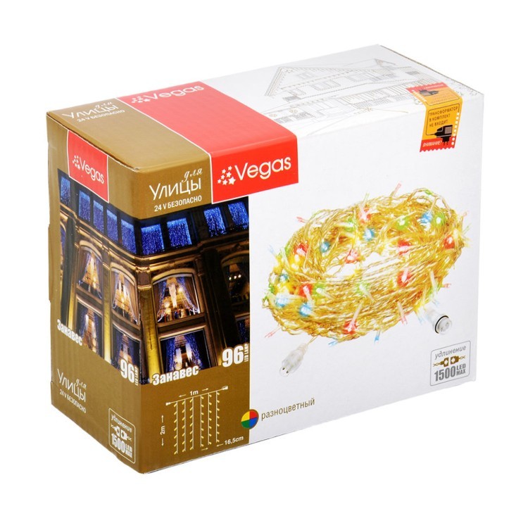 Уличная светодиодная гирлянда (мультиколор) Vegas Занавес 96 LED, 6 нитей, 1х2 м, 24V 55093 (69140) Уличная светодиодная гирлянда (мультиколор) Vegas Занавес 96 LED, 6 нитей, 1х2 м, 24V 55093 (69140)