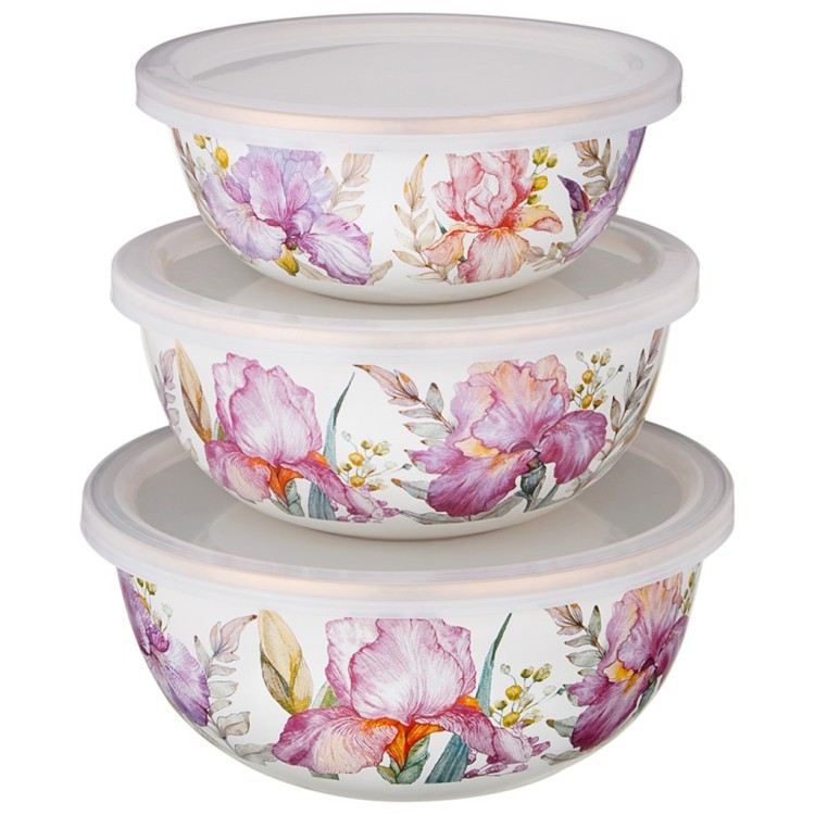 Набор мисок lefard эмалирован. с пластик.крышками, серия irises 6пр. 14/16/18см, 0,6/0,9/1,3л Lefard (950-754)