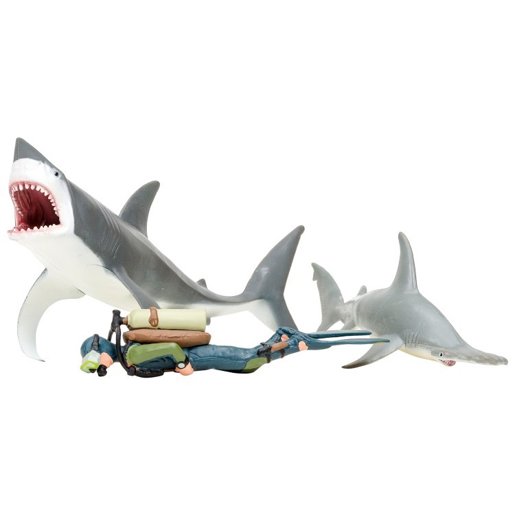 Фигурки игрушки серии "Мир морских животных": Акула, рыба-хирург, кожистая черепаха, акула, рыба групер, дайвер (набор из 5 фигурок животных и 1 чело (ММ203-023)