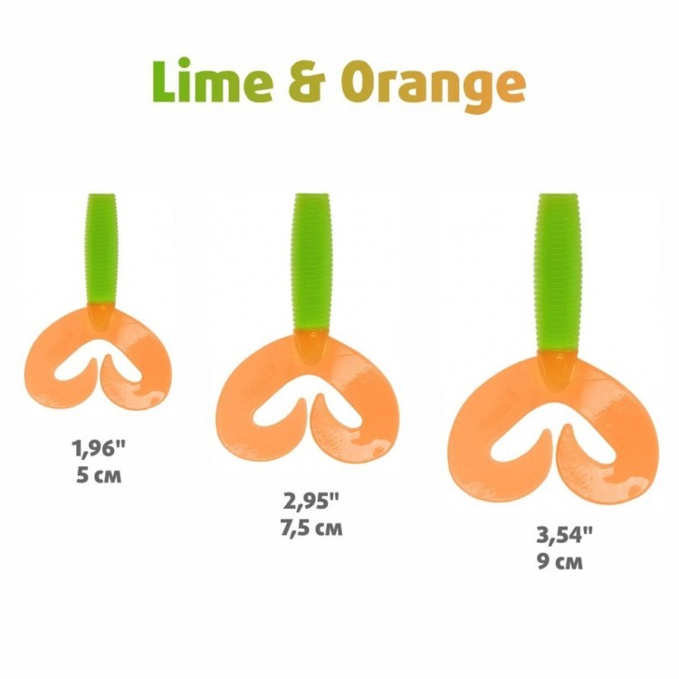 Твистер Helios Credo Double Tail 2,95"/7,5 см, цвет Lime & Orange 7 шт HS-12-020 (78065)