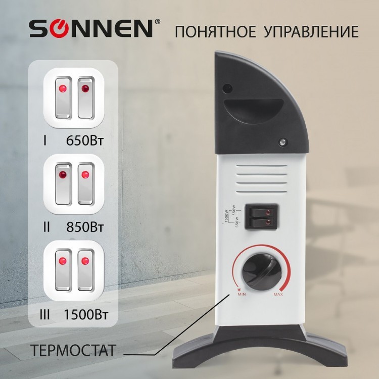 Обогреватель-конвектор SONNEN Y-02S 1500 Вт 3 режима работы белый/черный 453494 (1) (93946)