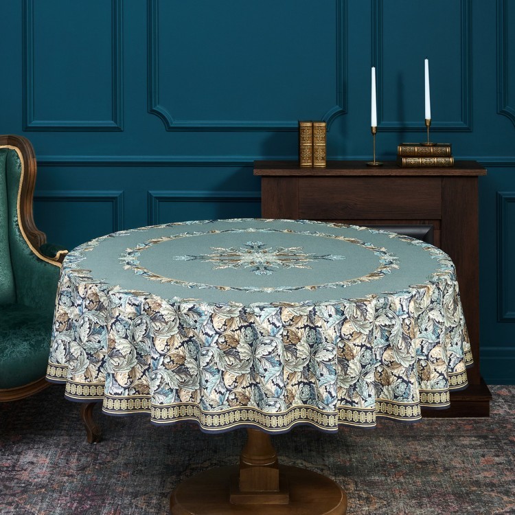 Скатерть круглая "листья морриса" gold stripe d150 см , 100% хлопок , твил, пропитка Lefard (850-752-26)