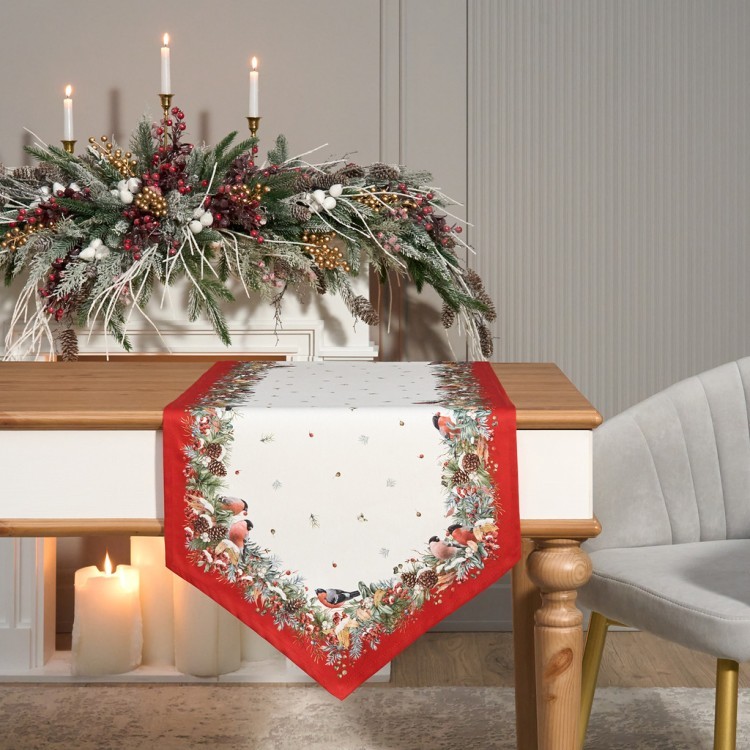 Дорожка "морозко.снегири" 45х145см ,красный, 100% хлопок,твил пропитка (850-745-3) 