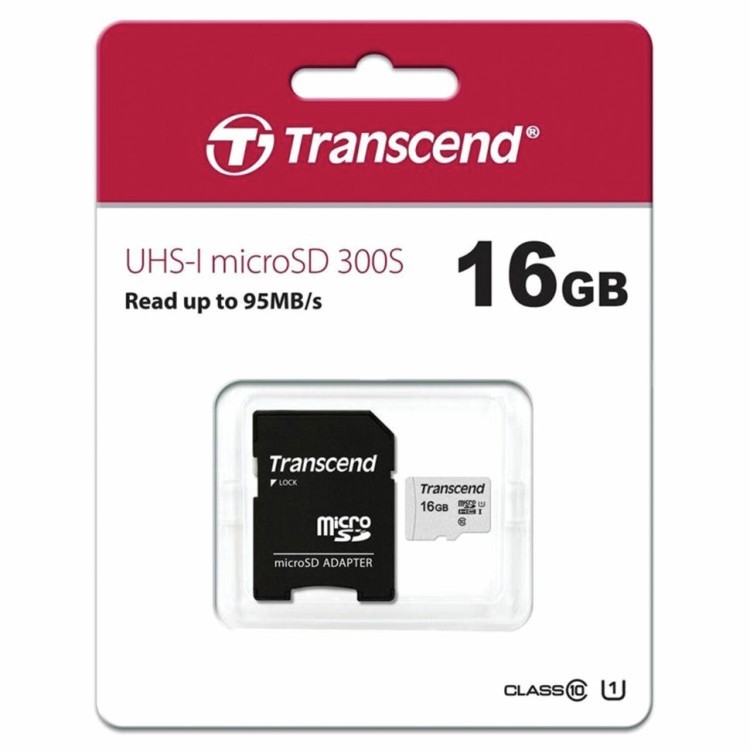 Карта памяти micro SDHC 16 GB Transcend UHS-I U1 95 Мб/сек (class 10) с адаптером (65858)