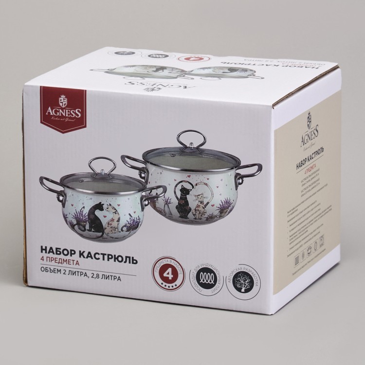 Набор кастрюль эмалированный, серия "lavander cats" 4пр. 2,0/2,8л диа.18/20см Agness (943-102) Набор кастрюль эмалированный, серия "lavander cats" 4пр. 2,0/2,8л диа.18/20см Agness (943-102)