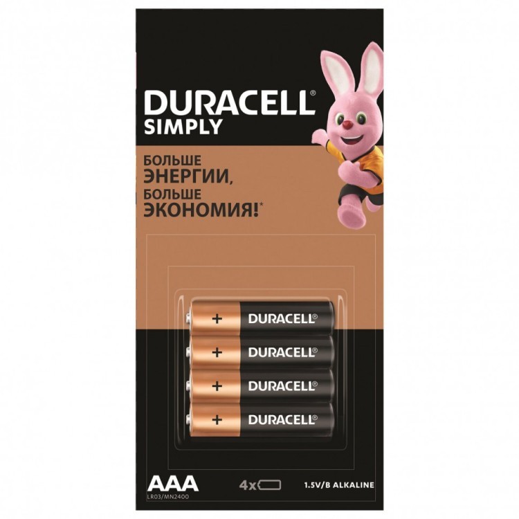 Батарейки алкалиновые Duracell Simply LR03 (ААА) 4 шт 5009140 (76406)