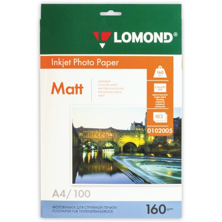 Фотобумага для струйной печати Lomond А4 160 г/м2 100 листов односторонняя матовая 0102005 (1) (65442) Фотобумага для струйной печати Lomond А4 160 г/м2 100 листов односторонняя матовая 0102005 (1) (65442)