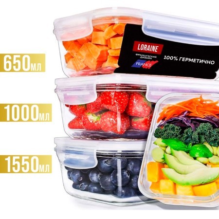 Набор жаропрочных мисок 6пр с/кр 0,65/1/1,55л стекло/полипроп LR (60037)