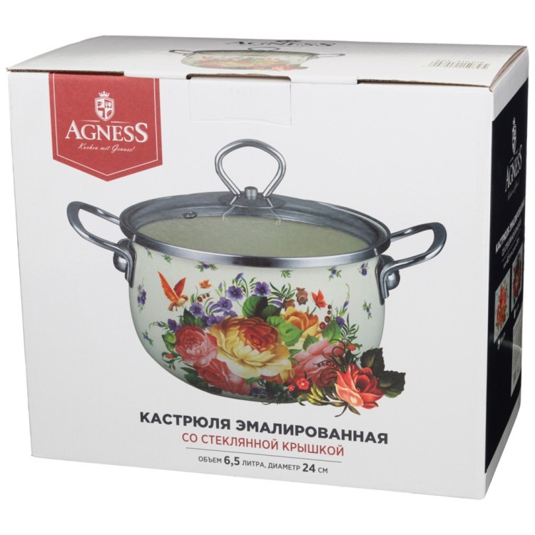 Кастрюля эмалированная agness со стеклянной крышкой, 6,5л, диа.24х15,5 см Agness (915-079)