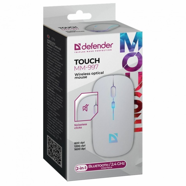 Мышь беспроводная DEFENDER TOUCH MM-997 USB 3 кнопки+1 колесо-кнопка белая 52998 513826 (1) (94425)