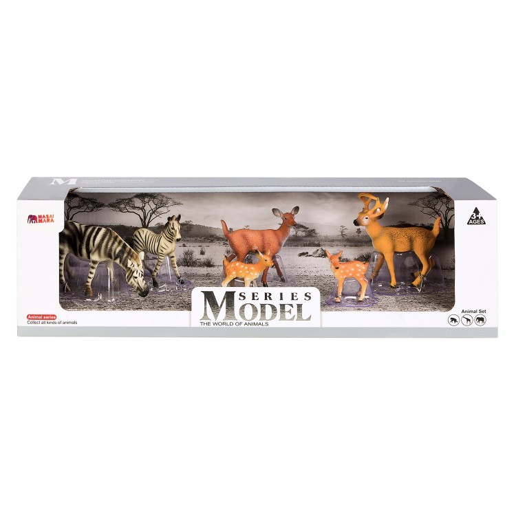 Набор фигурок животных серии "Мир диких животных": Семья зебр и семья оленей (набор из 6 предметов) (MM211-286)