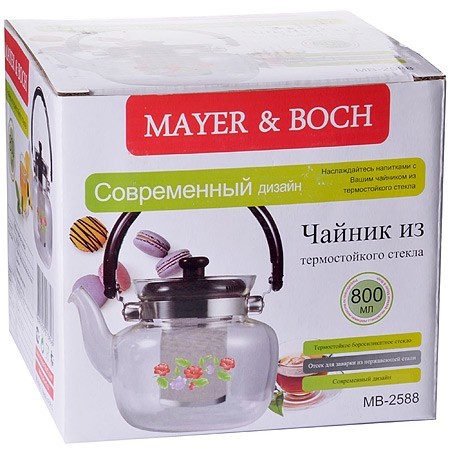 Чайник заварочный Mayer&Boch 0,8л стекл/мет/сит (2588)