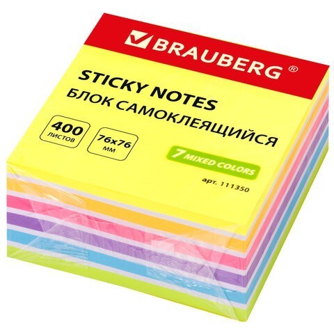 Блок самоклеящийся (стикеры) Brauberg 76х76 мм 400 листов 7 цветов 111350 (3) (85483)
