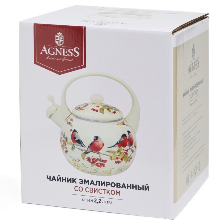 Чайник agness эмалированный со свистком серия "снегири", 2,2л, индукционное дно Agness (934-749)
