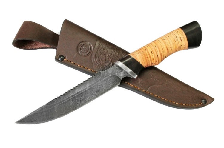 Нож складной Ворсма Осетр, дамасская сталь, береста, граб, дюраль (кузница Семина) (61554)