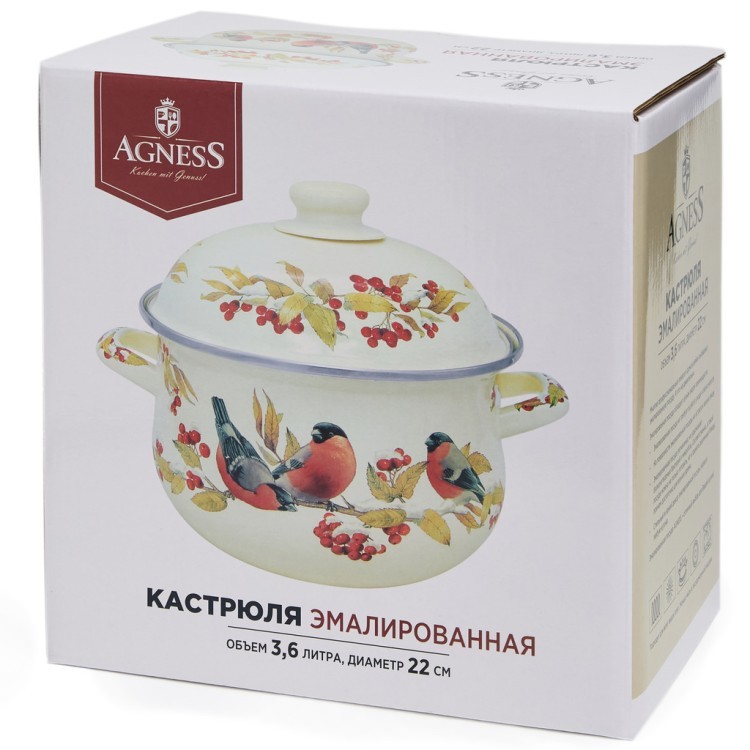 Кастрюля agness эмалированная с эмал.крышкой серия "снегири", 3.6 л, 22*13 см Agness (934-748)