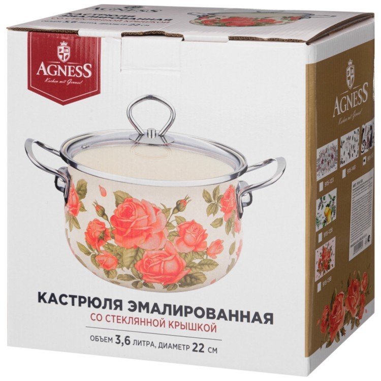 Кастрюля эмалированная agness со стеклянной крышкой серия "парижские коты", 3.6 л, 22*13 см Agness (915-153)