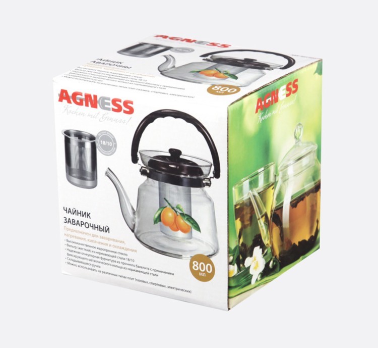 Заварочный чайник agness 800 мл. с фильтром жаропрочное стекло Agness (891-002)